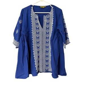 Roberta Roller Rabbit Blue Womens Embroidered Boho Resort Tunic Cotton Size L